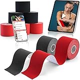 Kinesiotapes mit Videoanleitungs-App [5m x 5cm] im 6er Set | Elastische & Wasserfeste Kinesiologie Tapes | Physio Tape Kinesio Tape Set (Rot & Schwarz)