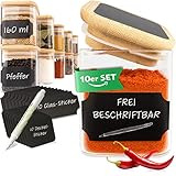 G&K Kitchenware ® Gewürzgläser Set 10x 160ml inkl. Stift & Etiketten - Gewürzdosen eckig mit Holzdeckel - Gewürzbehälter für deine Gewürze - Gewürzstreuer zur Aufbewahrung im Gewürzregal - spice jars