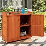 COSTWAY Gartenschrank Holz, Lagerschrank Garten, Holzschrank mit herausnehmbarem Regal, Stahl-Platte, Geräteschrank auf Rollen, Gerätehaus Geräteschuppen, Schuppen Schrank, 98,5x48x100cm