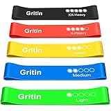 Gritin Theraband [5er Set] Fitnessband Resistance Terra Bands 100% Latex Widerstandsbänder mit Deutscher Übungsanleitung & Tragebeutel, Gymnastikband für Muskelaufbau, Yoga, Pilates, Physiotherapie