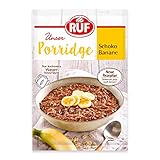 RUF Porridge Schoko Banane mit Vollkorn-Haferflocken, Kakaopulver und Bananenchips, noch knackiger wird’s mit frischen Nüssen verfeinert, 1x65g Beutel