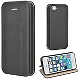 Leaum iPhone SE Hülle, iPhone 5S Handyhülle Lederhülle Flip Case für Apple iPhone SE / 5S / 5 Schutzhülle Leder (Schwarz)