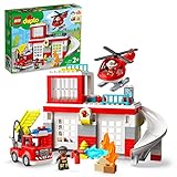 LEGO 10970 DUPLO Feuerwehrwache mit Hubschrauber, Feuerwehr-Spielzeug für Kleinkinder ab 2 Jahre mit Feuerwehrauto, BAU-Steine für Mädchen und Jungen