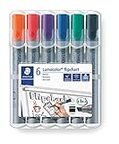 STAEDTLER Flipchart Marker Lumocolor, Keilspitze ca. 2,0 - 5,0 mm Linienbreite, lange Lebensdauer, nachfüllbar, geruchsarm, hohe Qualität Made in Germany, Set mit 6 Farben, 356 B WP6