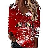 Haiorziyou Pullover Damen Schwarz V Ausschnitt Retro Pullover Damen Loses Damen-Sweatshirt mit Weihnachtsmotiv Schneeflocke Weihnachtsbaum Schneemann Puppe Druck V-Ausschnitt Sweatshirt Felljacke