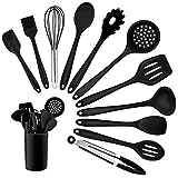 Homikit Silikon Küchenhelfer Set, 12 Stück Schwarz Kochutensilien Kochgeschirr, Hitzebeständiger Kochbesteck Set mit Utensilienhalter, Gesund & Antihaft, Spülmaschinengeeignet