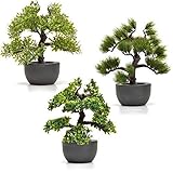 INtrenDU 3X Künstlicher Bonsai Baum im Set 30cm Kunstpflanzen im Topf Kunstblumen Fensterdeko künstliche Pflanze