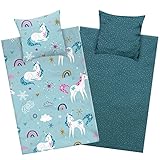 Aminata Kids Biber Flanell Bettwäsche 135 x 200 Kinder Einhorn-Motiv Mädchen Baumwolle, Reißverschluss, Kinder-Wende-Bettwäsche-Set Unicorn, warm, weich & kuschelig, türkis, Flanellbettwäsche