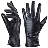 Echtes Schaffell Leder Handschuhe für Damen, Winter Warm Kaschmir Futter Touchscreen Texting Fahren Motorrad Kleid Handschuhe,Schwarz,M