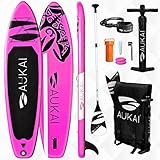 Aukai aufblasbares SUP Surfboard - Robustes Stand Up Paddle Board - Surfboard Komplett-Set - Hochwertiges Surfbrett mit Paddel, Pumpe, Tasche u.v.m. - (320cm, Ocean - pink)