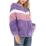 Masrin Winterjacke Damen Doppelseitige Fleecejacke Farbblock Patchwork Hoodie Mantel Übergröße Plüschmantel Langärmliger Wintermantel Übergangsjacke mit Reißverschluss Sweatjacke Bomberjacke S-5XL