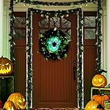 Lewondr Halloween Kranz Deko, Batteriebetrieben Spinnenkranz mit 50 LEDs, 2 Lichtmodi, 10M Dekorativ Metallisch Girlande Herbst Kranz für Haustür Halloween Party Wand Tür Innen Außen, Schwarz & Grün