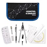 DynaTech Zirkel Set Geometrieset 12-Teilig mit Zirkel, Geodreieck, Parabel, Bleistift, Radierer, Spitzer und Ersatzminen im Etui mit Reißverschluss blau - praktisches Mathematik-Set inkl. Federmappe