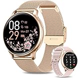 RUXINGX Smartwatch Damen mit Telefonfunktion 1.32 Zoll HD Voll Touchscreen, Armbanduhr mit SpO2 Pulsuhr Menstruationszyklus Schlafmonitor Schrittzähler Kalorien Fitness Tracker IP67 iOS Android Gold