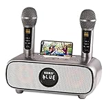 Karaoke Maschine,Bluetooth Karaoke Anlage für Erwachsene und Kinder, Tragbares PA-System mit 2 Mikrofonen,Lautsprecher mit Handyhalter/USB/TF-Karte/AUX-In,für Heimparty,Picknick,Outdoor/Indoor(Grau)