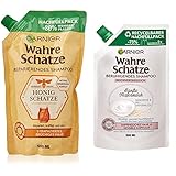 Garnier Shampoo, Honig Schätze Nachfüllpack, pflegt strapaziertes Haar, reparierend mit Akazien Honig, Akazienblüten-&Bienenwachs, Wahre Schätze, 500ml & Shampoo, Sanfte Hafermilch Nachfüllpack, 500ml