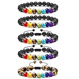 LABOTA 5 Stück Lava Stein Armbänder, 7 Farben Chakra Perlen Tigerauge Natürlich Heilstein Verstellbare Öl Diffusor Armbänder Unisex