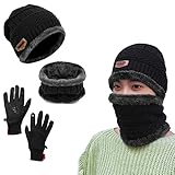 Gohytal Wintermütze Schal und Handschuhe Set, 3er-Set Winter Beanie Hut für Herren Damen, Ultraweiche Verdickung Winter Warme Mütze Strickmütze mit Fleecefutter, Neck Warmer, Touchscreen Handschuh