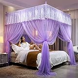 Sommer-Bettwäsche-Netz, Moskitonetz, 4 Ecken, Schlafzimmer, Vorhang, Baldachin, quadratisch, Prinzessin, Netz, dekorativer Schutz, für Bett, alle Größen, Violett, 150 x 200 x 200 cm