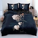 Luowei Bettwäsche 135x200 Schwarz Vintage Blumen Blätter mit 80x80 Reißverschluss Kissenbezug, Mikrofaser