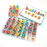 Magnetische Buchstaben und Zahlen für Kinder – Das komplette Set: 182 Buchstaben und 81 Zahlen sowie Symbole – Kühlschrankmagneten – Beinhaltet 2 Boxen, Magnettafel, Stifte und Löschschwamm