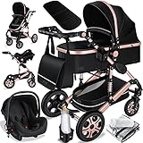 KESSER® Loops 3 in 1 Kinderwagen Kombikinderwagen komplettset incl. Babywanne & Buggy Sportsitz & Auto-Babyschale - Voll-Gummireifen - Wickeltasche/Regenschutz/Kindertisch Set Schwarz/Rosé Gold