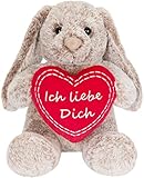 BRUBAKER Hase Kuscheltier mit Herz Rot und Schlappohren - Ich Liebe Dich - 28 cm Plüschhasen Geschenk - Stofftier Kuschelhase - Plüschtier Grau Braun