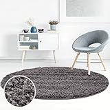 Hochflor Teppich Shaggy Einfarbig Anthrazit - 160x160 cm Rund - Flauschig & Weich - Wohnzimmerteppiche - Langflorteppich Schlafzimmer Uni Modern