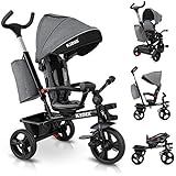 KIDIZ® Dreirad 5in1 Kinderdreirad mit Schubstange Lenksystem Stange ab 1 Jahr vorwärts und Rückwärtsfahrt Jogger, Korb Tasche Getränkehalter Sonnendach Gummiräder, Buggy Fahrrad Baby Klappbar Grau