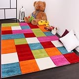 Paco Home Kinder Teppich Karo Design Multicolour Grün Rot Grau Schwarz Creme Pink, Grösse:140x200 cm