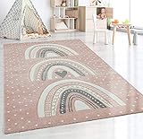 the carpet Monde Kids Moderner Weicher Kinderteppich, Weicher Flor, Pflegeleicht, Farbecht, Lebendige Farben, Regenbogen Muster, Rosa, 120 x 170 cm