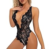 KOEMCY Sexy Body Dessous Damen Babydoll Body Damen Sexy Spitze Unterwäsche Teddy Bodysuit Tiefer V-Ausschnitt Reizwäsche One Piece Erotische Lingerie Negligee (Schwarz, S)