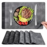 Abwaschbar Tischset Leder Platzset Set - 6er PU-Leder Platzdeckchen Doppelseitigen Wasserdicht Tischsets rutschfest Hitzebeständig für Hause Restaurant Premium Hotel 43x30 cm Schwarz & Grau