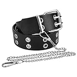 DECARETA Gürtel mit Nieten Damen Doppelloch Nietengürtel Punk Ledergürtel Nieten Schwarz Ösengürtel mit Kette 3.8cm Breite Cosplay Gürtel Leder Hip Hop Gürtel mit ösen für Damen Herren