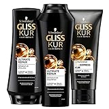 Gliss Kur Shampoo Ultimate Repair, Keratin Shampoo repariert Haarschäden + Ultimate Repair Spülung + Kur 1Minute Express Kur Ultimate Haarspülung und Haarkur mit Keratin für extrem geschädigtes Haar