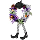 Bilivry Halloween Kranz Deko Ø 35cm, Hexen Hut Bein Kürbis Türkranz Gesamthöhe 60cm Halloween Dekoration für Haustür Wanddekoration Party