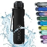 Adoric Sport Trinkflasche, [BPA Frei Tritan] 1L Auslaufsicher Kunststoff Wasserflasche Sport, Sportflasche Fahrrad für Camping Freien, Outdoor, Yoga, Gym (Schwarz)