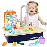 Mini Tudou Küchenspielzeugset mit funktionierendem Wasserhahn,Spülbecken-Spielzeug-Set Elektronisches Spülbecken mit neuem Wasserhahn, Rollenspiel-Spielzeug für Mädchen,Kleinkinder und Jungen(blau)