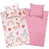 Aminata Kids Biber Bettwäsche 135 x 200 Kinder Einhorn-Motiv Mädchen Flanell Baumwolle, Reißverschluss, Kinder-Wende-Bettwäsche-Set Unicorn, warm, weich & kuschelig, rosa pink, Flanellbettwäsche