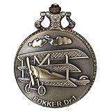 JewelryWe Herren Taschenuhr Retro 3D Flugzeuge Fokker Dr.1 Skulptur Steampunk Quarz Analog Uhr mit Kette Halskette Bronze Geschenk