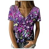 AMhomely Damen Casual Tops Kurzarm Sommer T-Shirts Clearance Female Sommer V-Ausschnitt Kurzarm Print Casual T-Shirt Bluse Loose Fit Plus Size Tunika Blusen, 01 lila, M