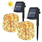 [2 Stück] Solar Lichterkette Aussen, BrizLabs 14M 120 LED Außen Lichterkette Kupferdraht Solarlichterkette Warmweiß Wasserdicht 8 Modi für Weihnachten, Garten, Balkon, Hochzeit, Terrasse, Party Deko