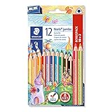 STAEDTLER Buntstift Noris jumbo, erhöhte Bruchfestigkeit, Dreikantform, ABS-System, attraktive Sternchenprägung, Bonuspack mit 12 brillanten Farben und einem Spitzer, 128 NC12P1