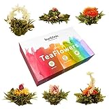 buntfink®„TeaFlowers' Teeblumen Geschenkset, 6 Teerosen/Teeblüten in Geschenkbox, Grüner Tee, von Hand gebunden und vakuumverpackt, das Geschenk für Frauen