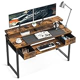 ODK Computertisch mit Tastaturablage, 120cm Home Office Schreibtisch mit Schubladen, Modernes Arbeitszimmer PC-Schreibtisch mit Monitor Regal, Rustikales Braun