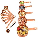 Jooheli Edelstahl Messbecher und Löffel mit Messlineal, 5 Cup Messbecher 6 Messlöffel Set Scoop mit Clip und 1 Messlineal, Küche Umrechnungstabelle für Küche Kochen Backen, 13er Set (Roségold)