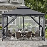 ABCCANOPY 2.5x2.5m Gartenpavillon für Terrasse Doppeldachweichdach Garten Hinterhof-Pavillon mit Netz für Schatten und Regen,Grau