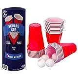 Offizieller Original Square Cup | Beer Pong Set | Premium Qualität | 22 Rote sechseckige amerikanische Becher 53 cl | 4 Bälle | Trinkspiel | Party & Aperitif Spiel | House Party | OriginalCup®