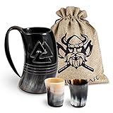 VIKING CRAFT® Trinkhorn Wikinger Krug 600ml - Großer Horn Krug Odin und 2 Wikinger Becher für Deinen Wikinger Met Honigwein - Hornbecher, Wikinger Deko, Horn Set, Mittelalter, LARP, Schalen