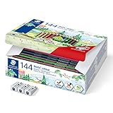 STAEDTLER Buntstifte Noris colour, rutschfeste Soft-Oberfläche, hohe Bruchfestigkeit, Made form Upcycled Wood, Sechskantformat, Set mit 144 Stiften in 12 intensiven Farben und 3 Spitzer, 185 C144